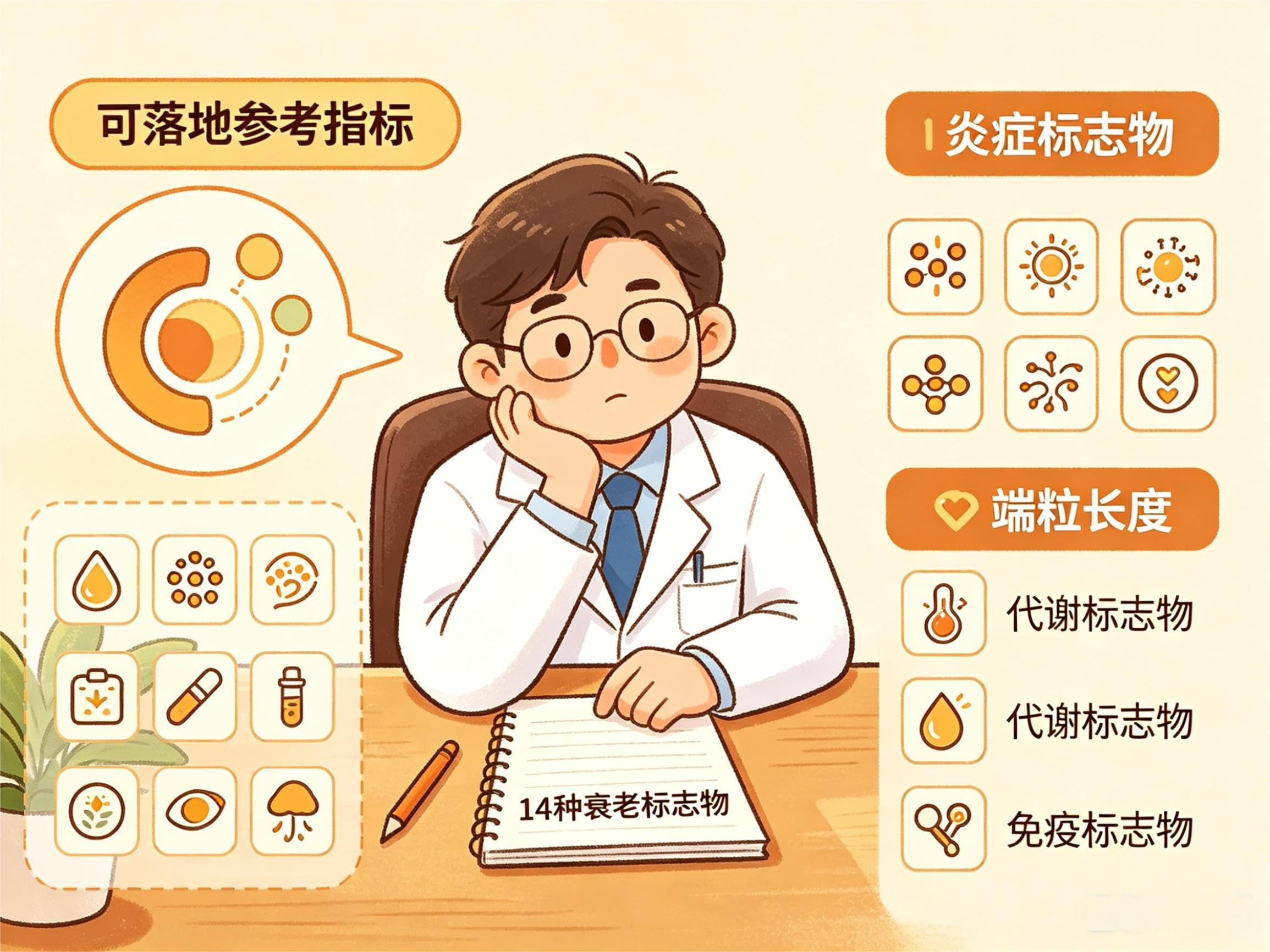 14种衰老标志物里面哪些标志物可以作长寿诊所现阶段可匹配落地的参考指标？